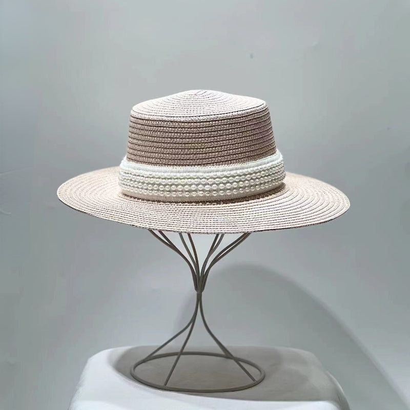 Pearl Decor Sun Hat Flat Top Straw Hat