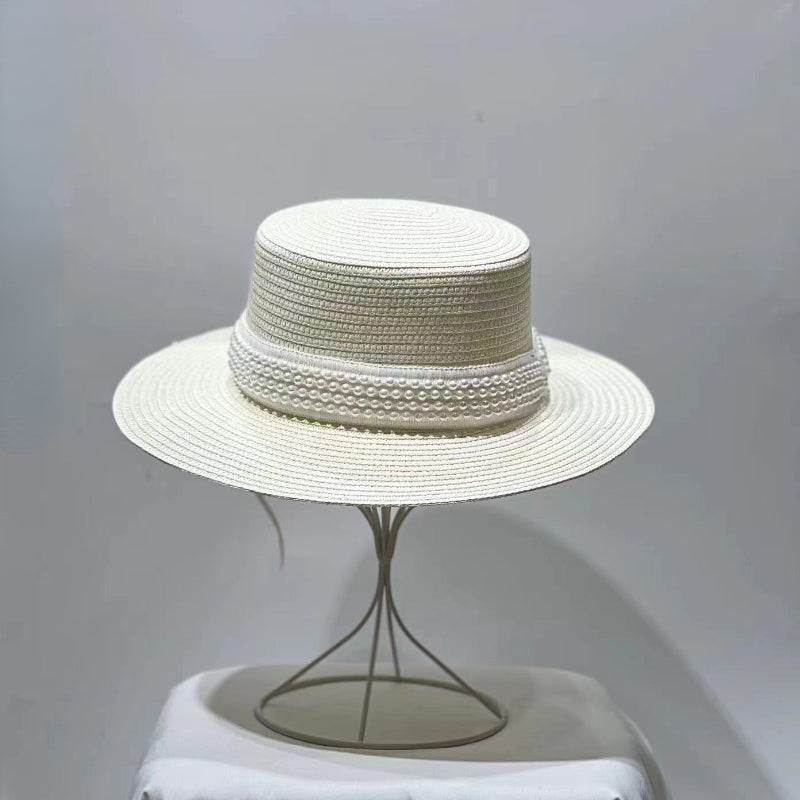 Pearl Decor Sun Hat Flat Top Straw Hat