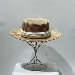 Pearl Decor Sun Hat Flat Top Straw Hat