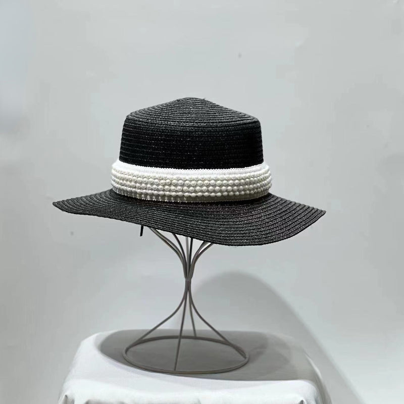 Pearl Decor Sun Hat Flat Top Straw Hat