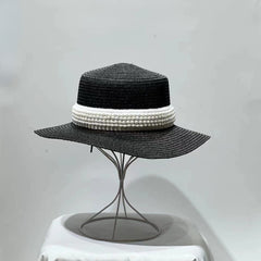 Pearl Decor Sun Hat Flat Top Straw Hat