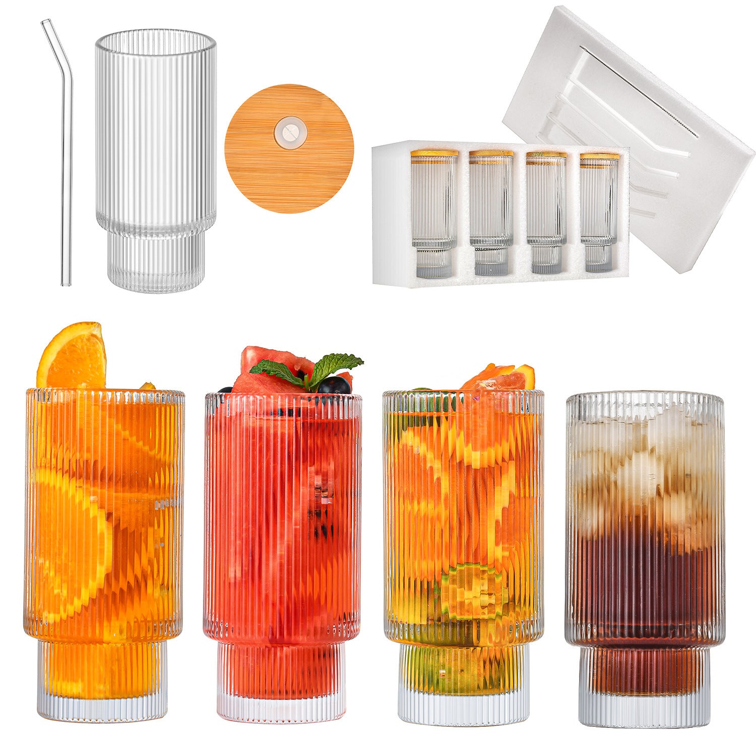 4pcs 12oz Stacking Cup Set Bamboo Lid Straws Whiskey Beer Juice Drinking