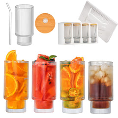 4pcs 12oz Stacking Cup Set Bamboo Lid Straws Whiskey Beer Juice Drinking