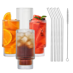 4pcs 12oz Stacking Cup Set Bamboo Lid Straws Whiskey Beer Juice Drinking