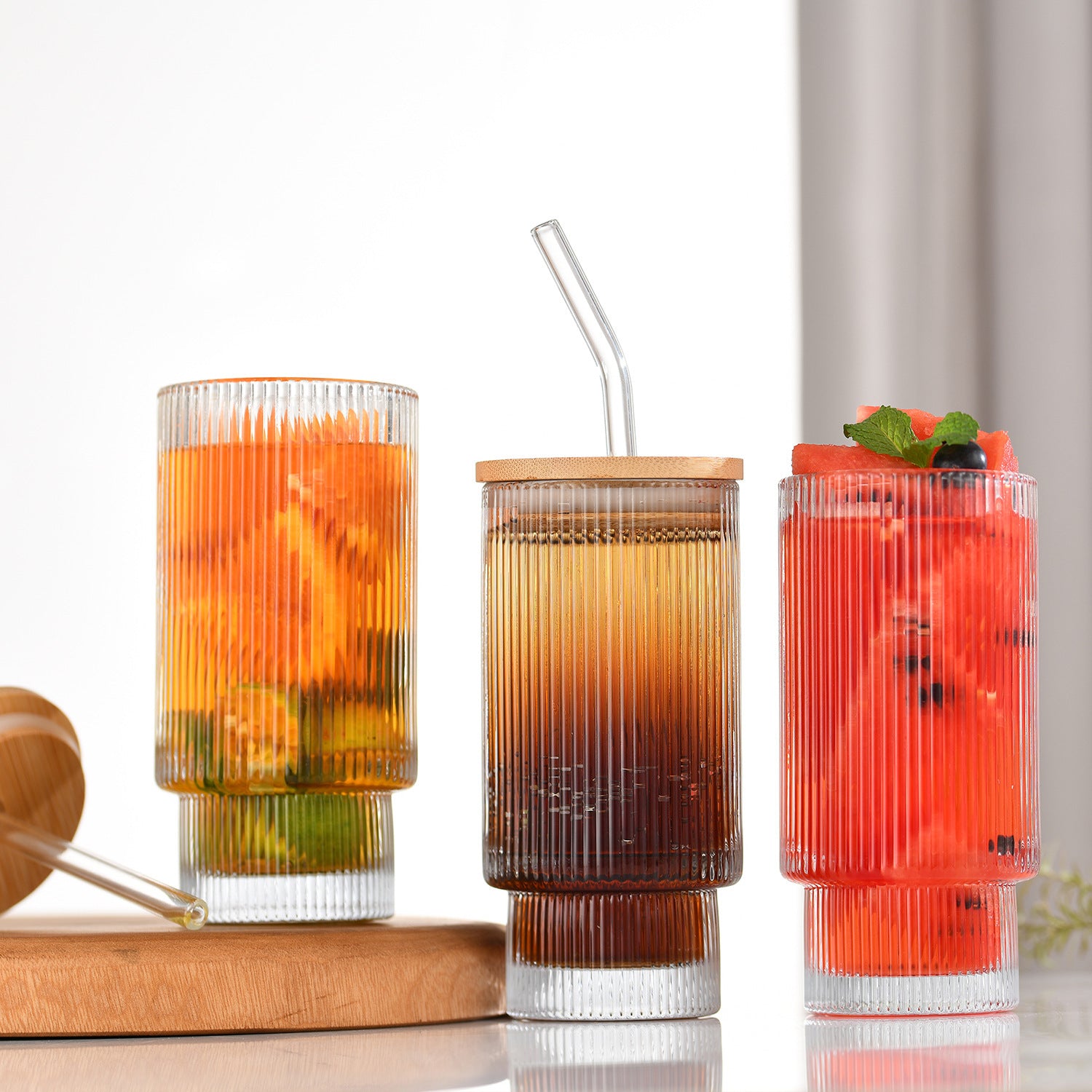 4pcs 12oz Stacking Cup Set Bamboo Lid Straws Whiskey Beer Juice Drinking