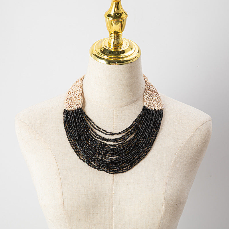Retro Ethnic Style Wax Rope Rice Bead Necklace for Women