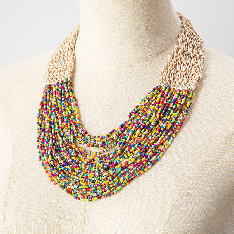 Retro Ethnic Style Wax Rope Rice Bead Necklace for Women