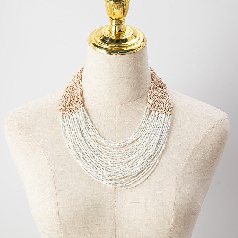 Retro Ethnic Style Wax Rope Rice Bead Necklace for Women