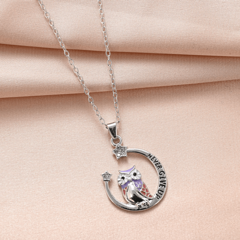 Girl's Moon Owl Necklace with Rhinestone Star Alloy Pendant