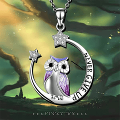 Girl's Moon Owl Necklace with Rhinestone Star Alloy Pendant