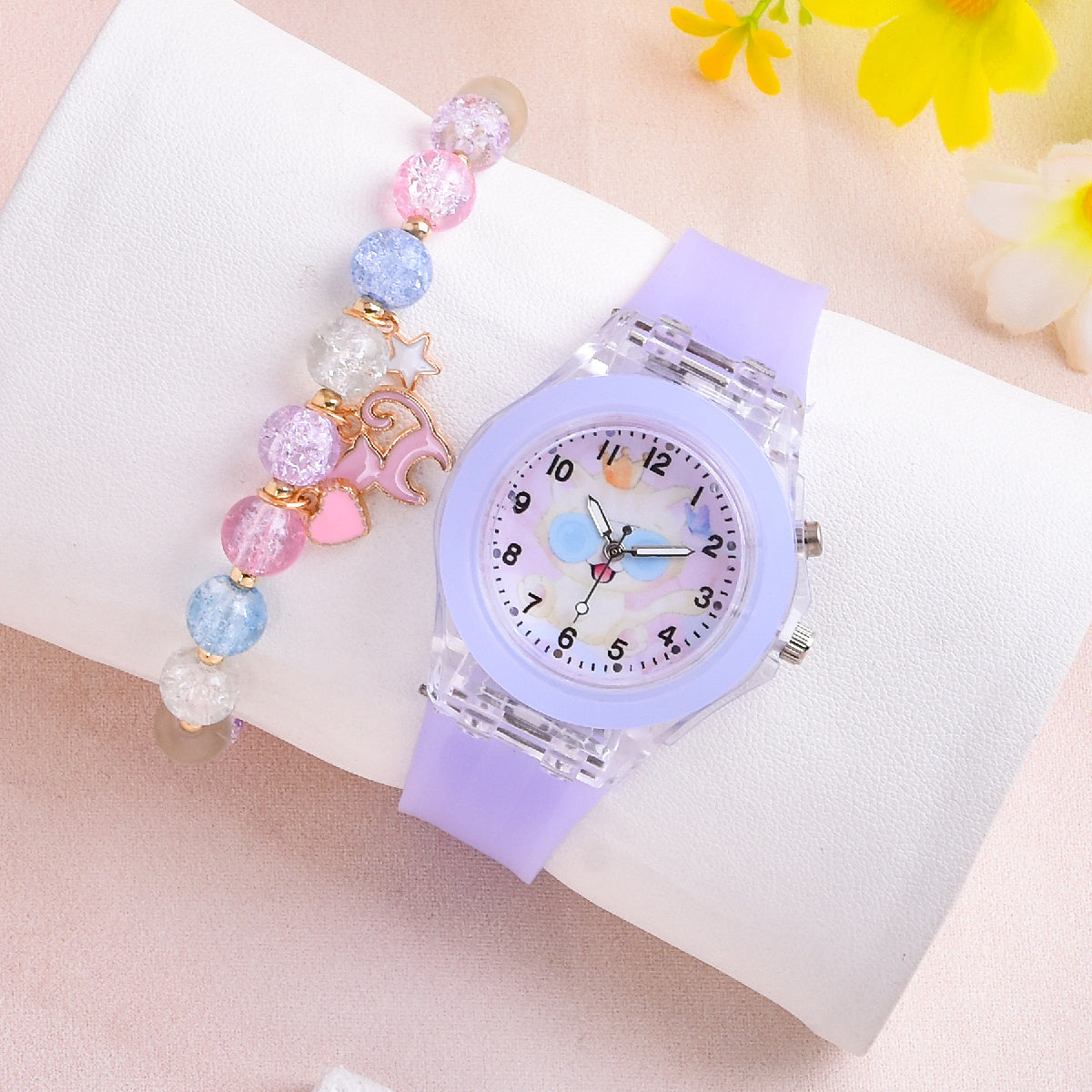 LED Cat Watch for Kids Crystal Beaded Bracelet Girls