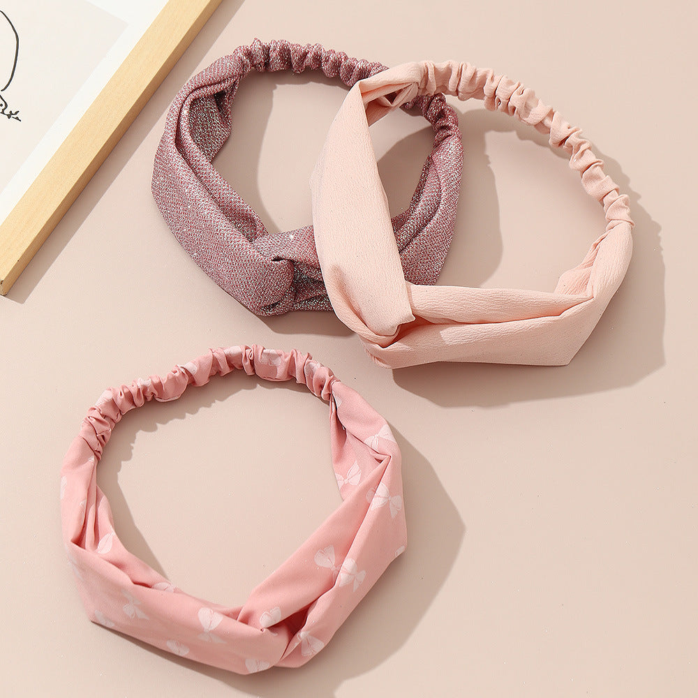 3pcs Pink Bow Headwear Sequin Solid Cross Shape Headband