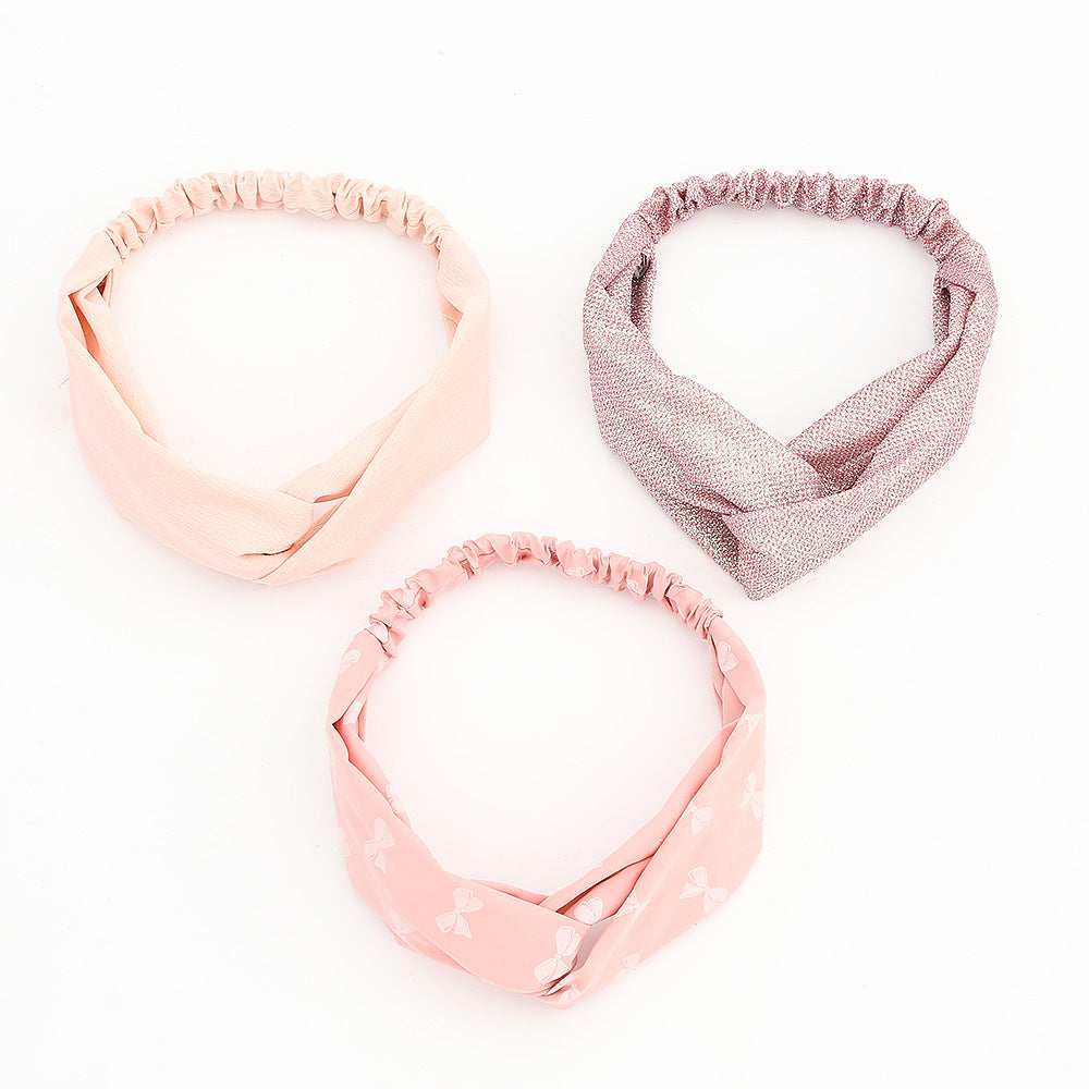 3pcs Pink Bow Headwear Sequin Solid Cross Shape Headband