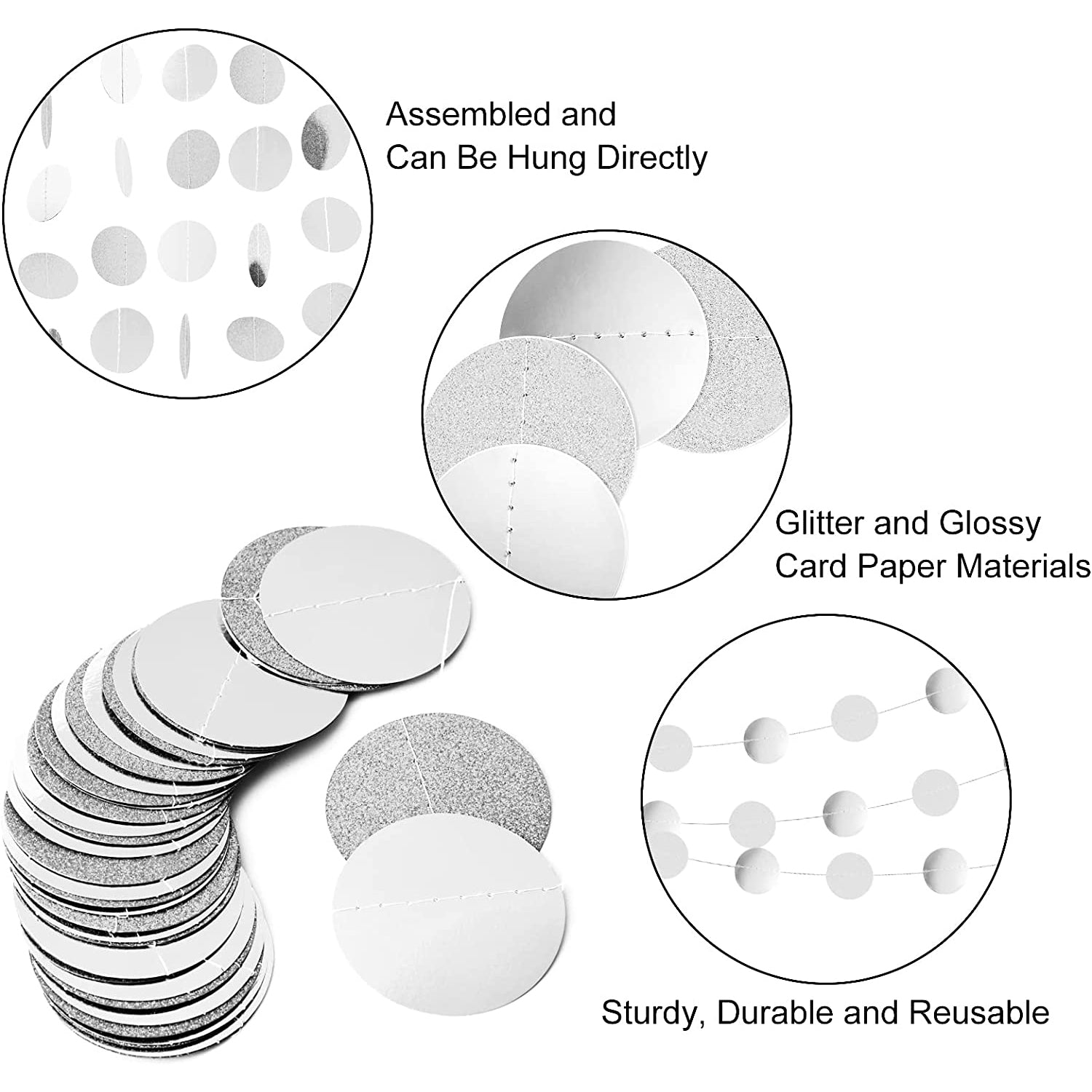 Glitter Silvery Circle Dots Garland Hanging String Banner for Events