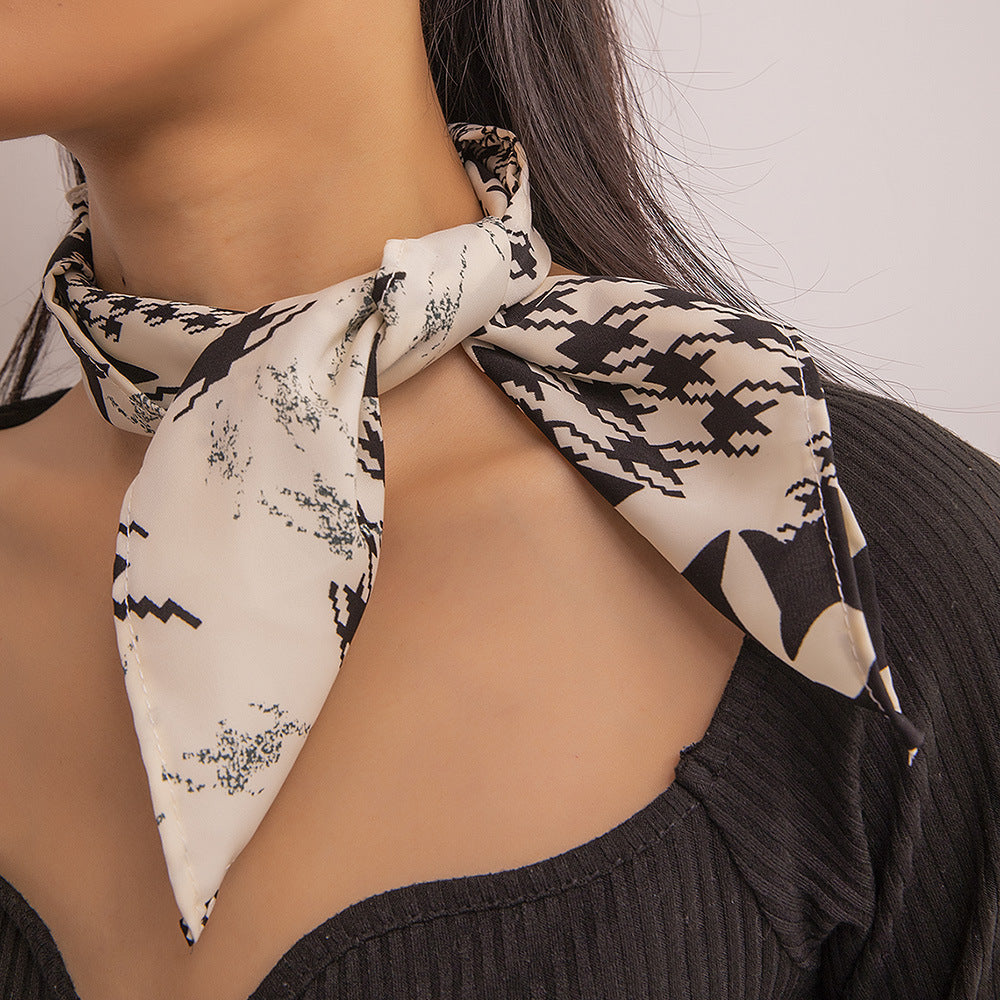Vintage Houndstooth Print Bandana Square Scarf Satin Neckerchief
