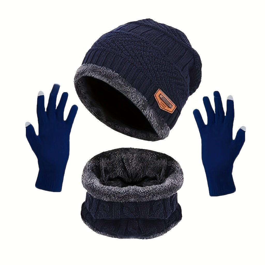 Winter Fleece Set Knit Beanie Hat Scarf Touch Screen Gloves
