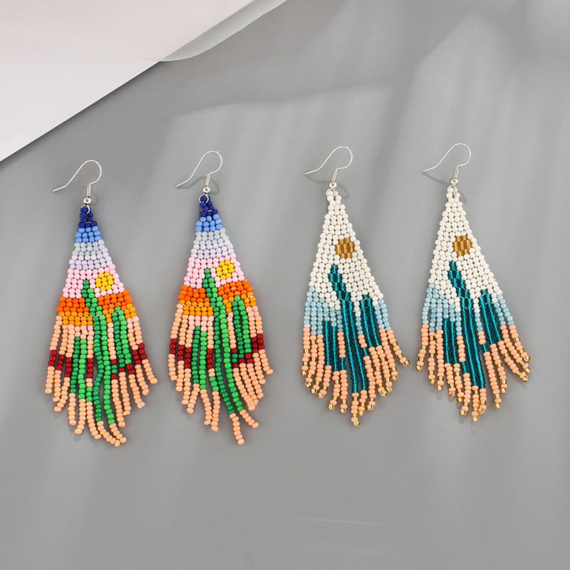 Mexican Cactus Tassel Drop Earrings Bohemian Ethnic Style Long Earrings