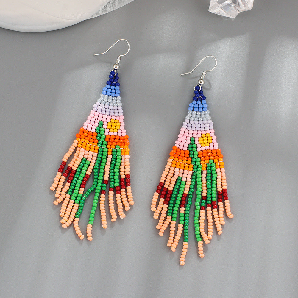 Mexican Cactus Tassel Drop Earrings Bohemian Ethnic Style Long Earrings