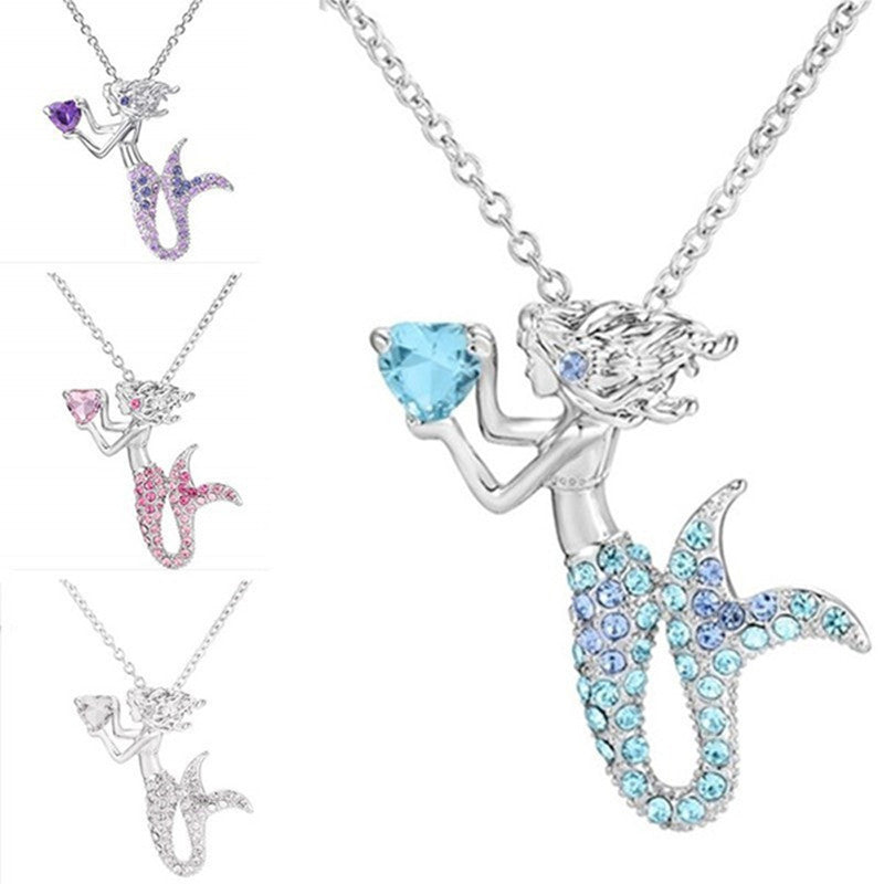 Mermaid Pendant Necklace Rhinestone Decor Fashionable Jewelry Accessories