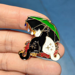 Cat & Cat Couple Kittens Pin Under Umbrella Brooches For Men