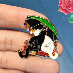 Cat & Cat Couple Kittens Pin Under Umbrella Brooches For Men