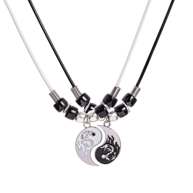 2Pcs Yin Yang Couple Bracelets Necklace Set Adjustable Braid Chain