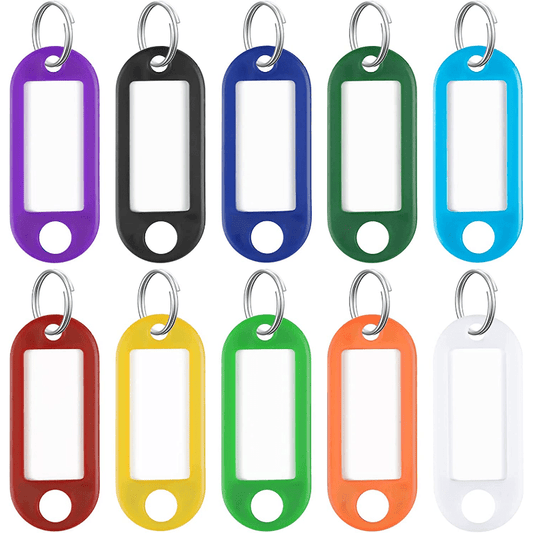 50/100 Plastic Key Tags, 10 Assorted Colors, Blank Labels, Split Rings