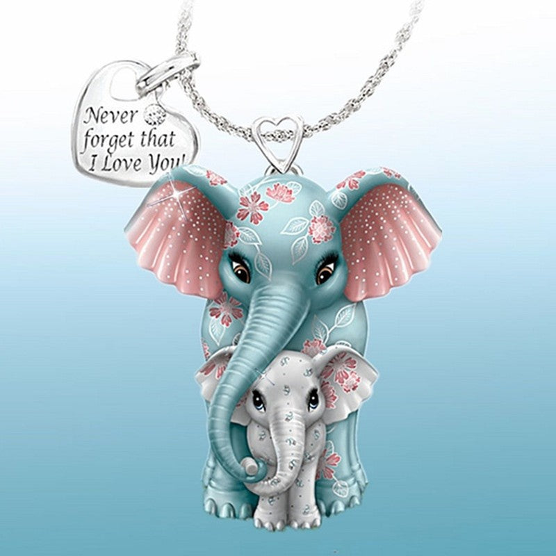 Elephants Pattern Pendant Necklace Heart Shape Never Forget I Love You Tag