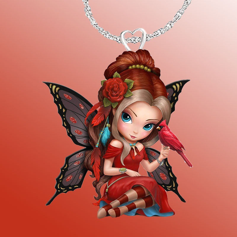 Red Bird Girl Pendant Necklace Sweet Jewelry Accessories For Girls