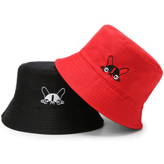 Dog Embroidery Reversible Bucket Hat Unisex Couple Fisherman Cap