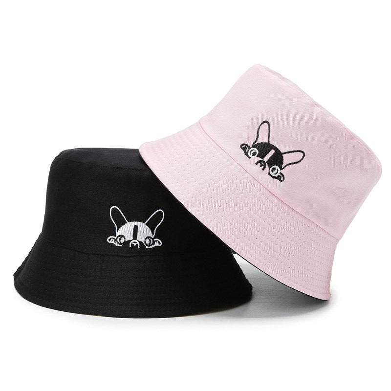 Dog Embroidery Reversible Bucket Hat Unisex Couple Fisherman Cap