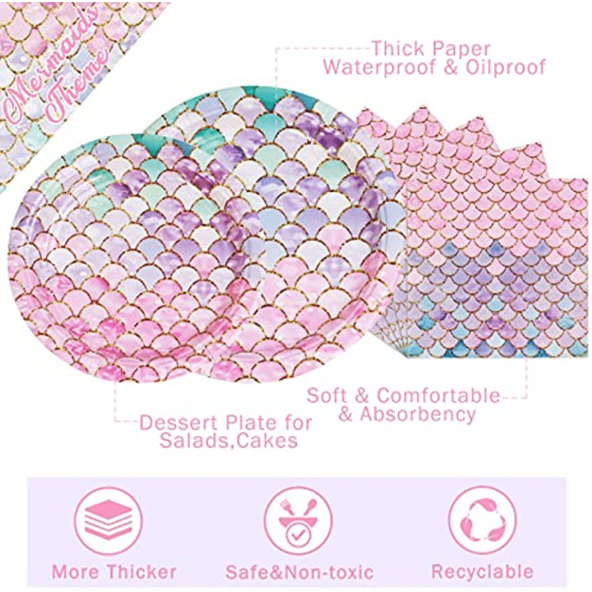 53pcs Mermaid Theme Birthday Party Supplies Disposable Tableware
