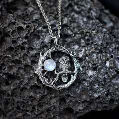 Moonstone Pendant Necklace Boho Owl Gothic Jewelry