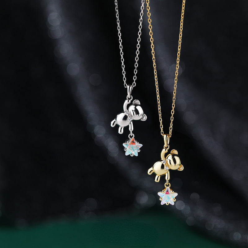 S925 Silver Star Picking Bear Necklace - Fashionable Jewelry for Women