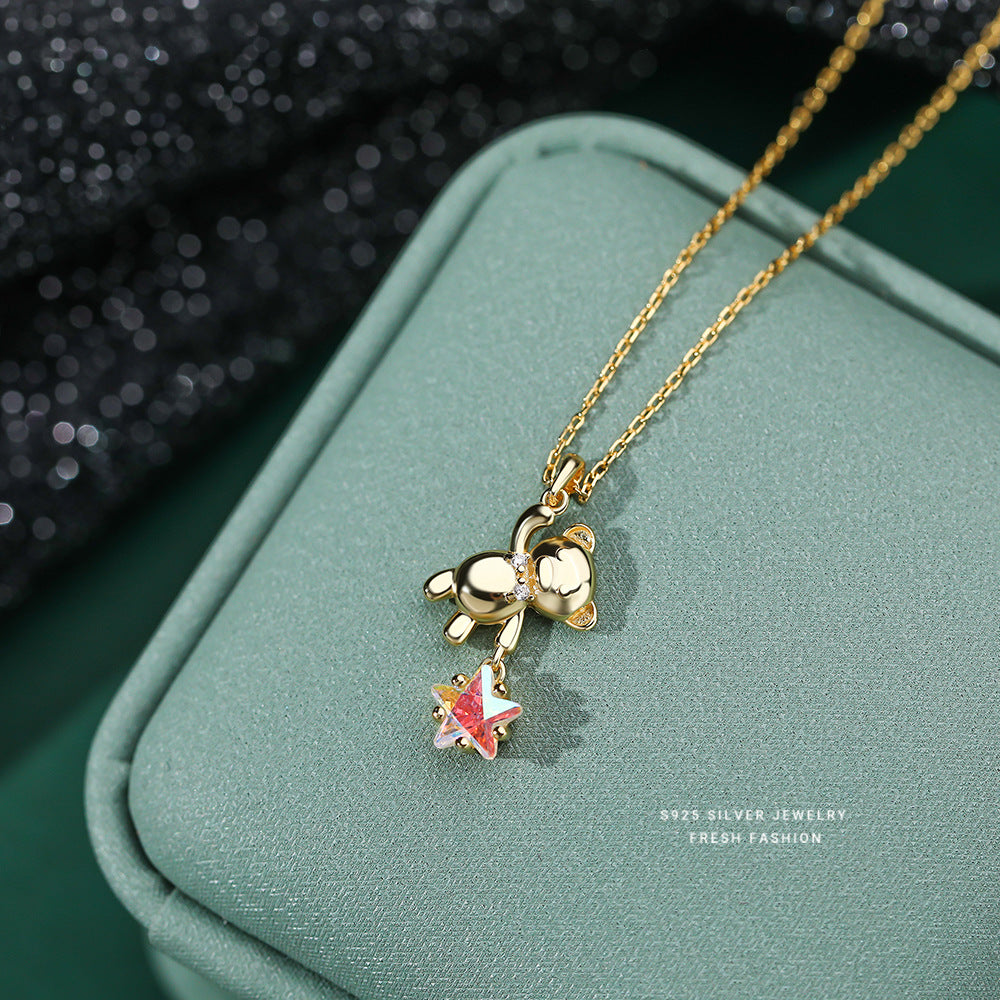 S925 Silver Star Picking Bear Necklace - Fashionable Jewelry for Women