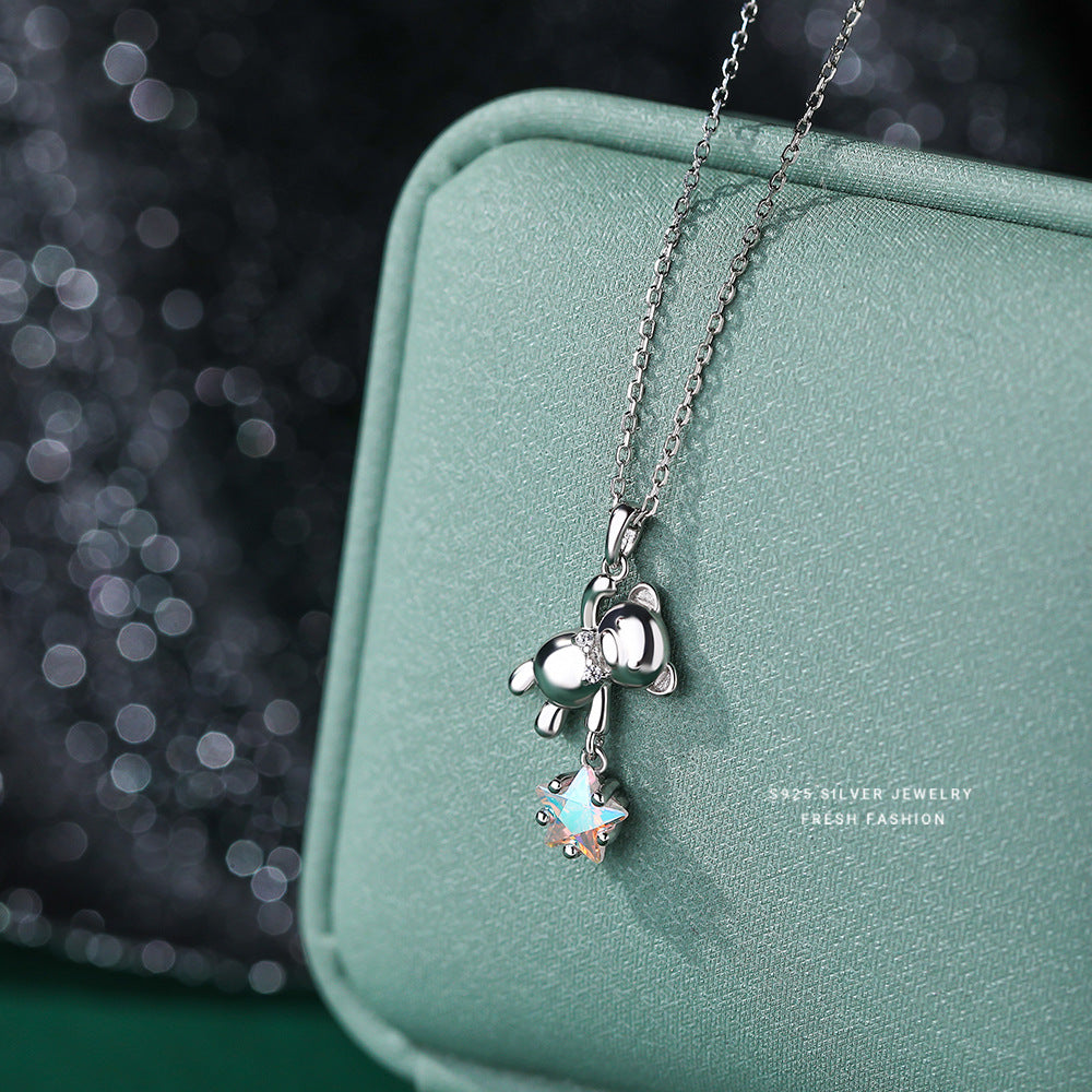 S925 Silver Star Picking Bear Necklace - Fashionable Jewelry for Women