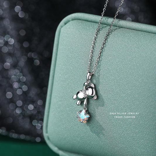 S925 Silver Star Picking Bear Necklace - Fashionable Jewelry for Women