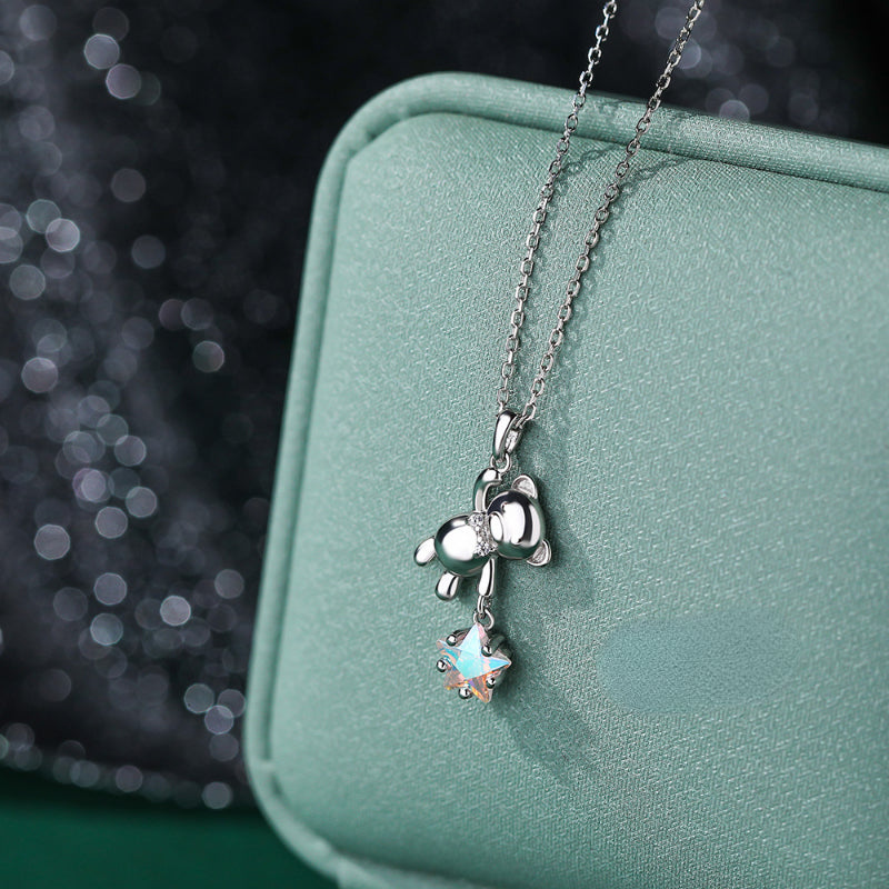 S925 Silver Star Picking Bear Necklace - Fashionable Jewelry for Women