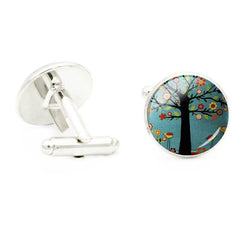 Watercolor Glass Gem Cufflinks Tree Bird Branch Rhodium Plated