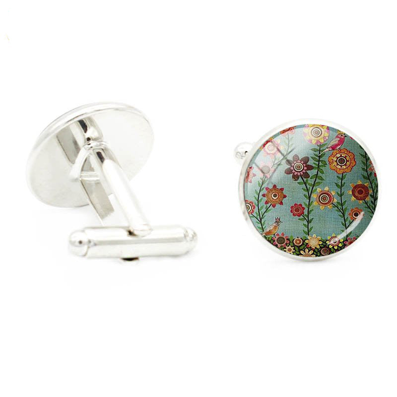 Watercolor Glass Gem Cufflinks Tree Bird Branch Rhodium Plated