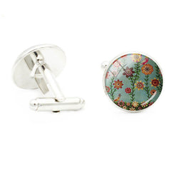 Watercolor Glass Gem Cufflinks Tree Bird Branch Rhodium Plated