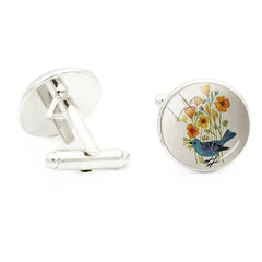 Watercolor Glass Gem Cufflinks Tree Bird Branch Rhodium Plated