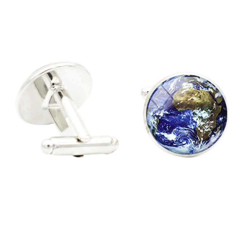 World Map Photo Glass Gem Cufflinks Rhodium Plated Alloy Base Gentleman Jewelry