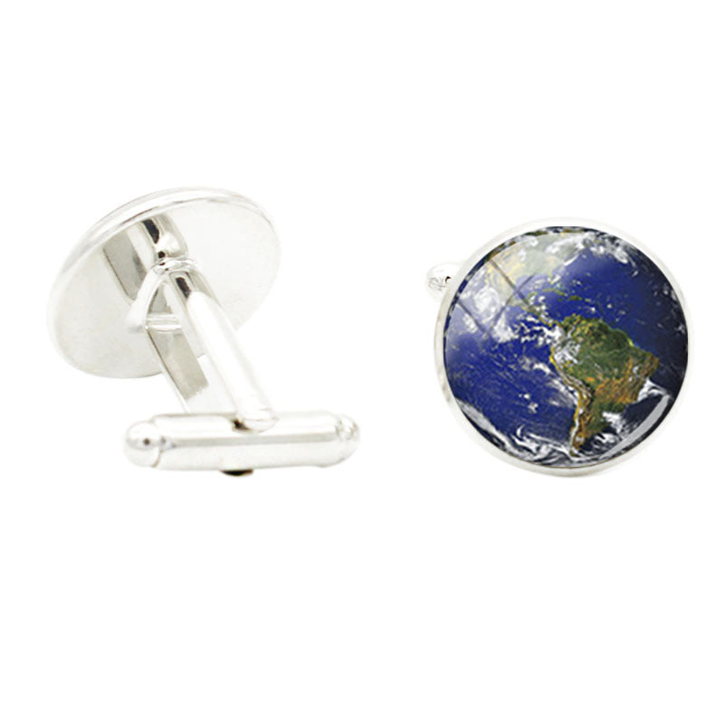 World Map Photo Glass Gem Cufflinks Rhodium Plated Alloy Base Gentleman Jewelry