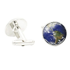 World Map Photo Glass Gem Cufflinks Rhodium Plated Alloy Base Gentleman Jewelry