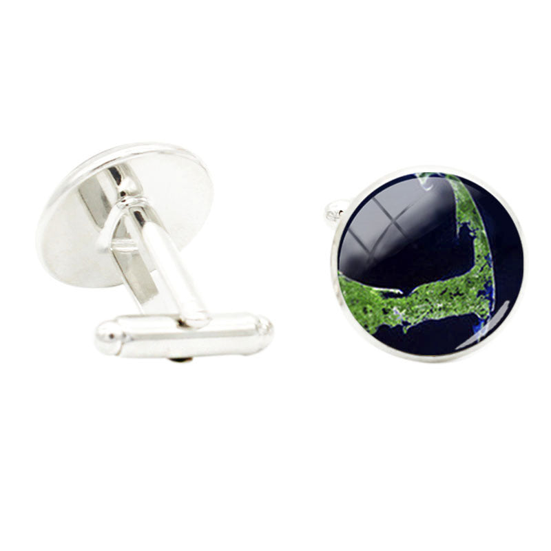 World Map Photo Glass Gem Cufflinks Rhodium Plated Alloy Base Gentleman Jewelry