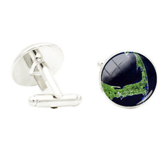 World Map Photo Glass Gem Cufflinks Rhodium Plated Alloy Base Gentleman Jewelry