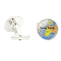 World Map Photo Glass Gem Cufflinks Rhodium Plated Alloy Base Gentleman Jewelry