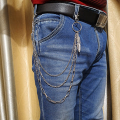 Silver Feather Key Tassel Pendant Chains Hip Hop Punk Jeans Pants Key Chain Belt
