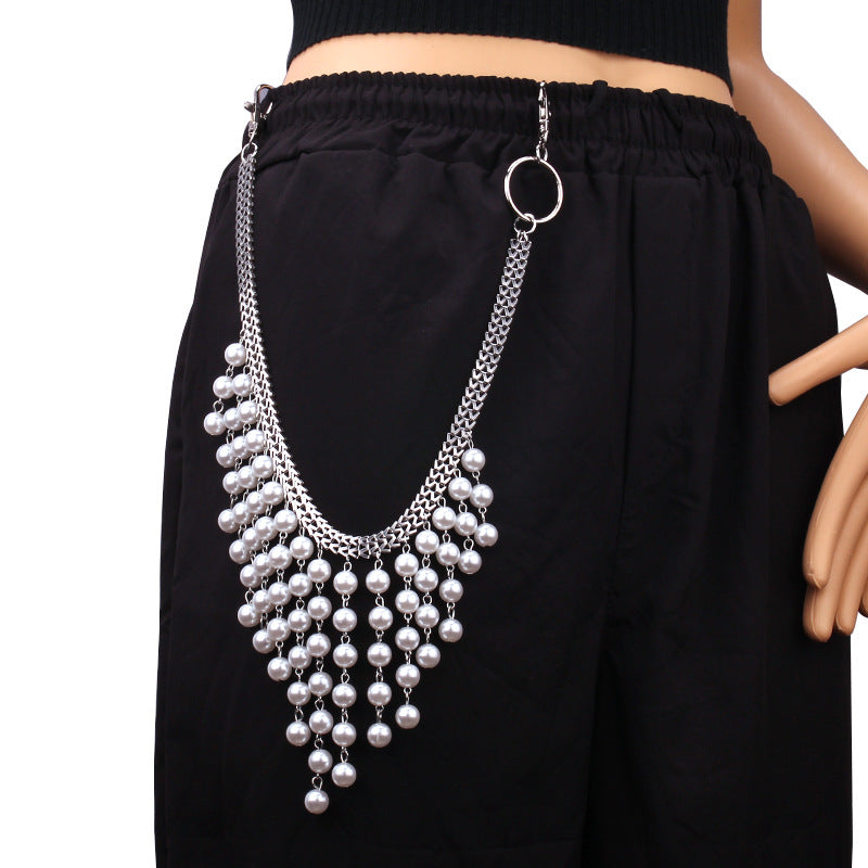 Faux Pearl Tassel Jeans Pants Key Chain Ring Hip Hop Accessories